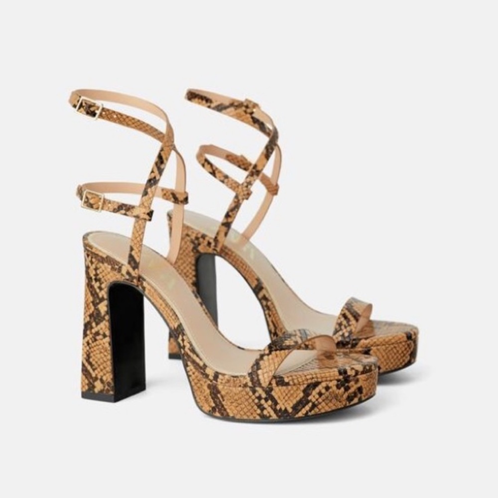 Zara US8 / EU39 Snake Print High Heel Platform Sandals Brown